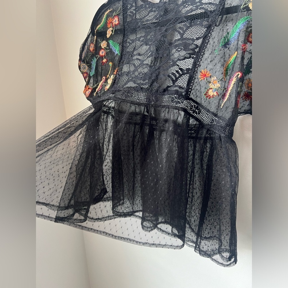 Zara Basic Collection Embroidered Floral Blouse Black Sheer XS - Picture 7 of 13